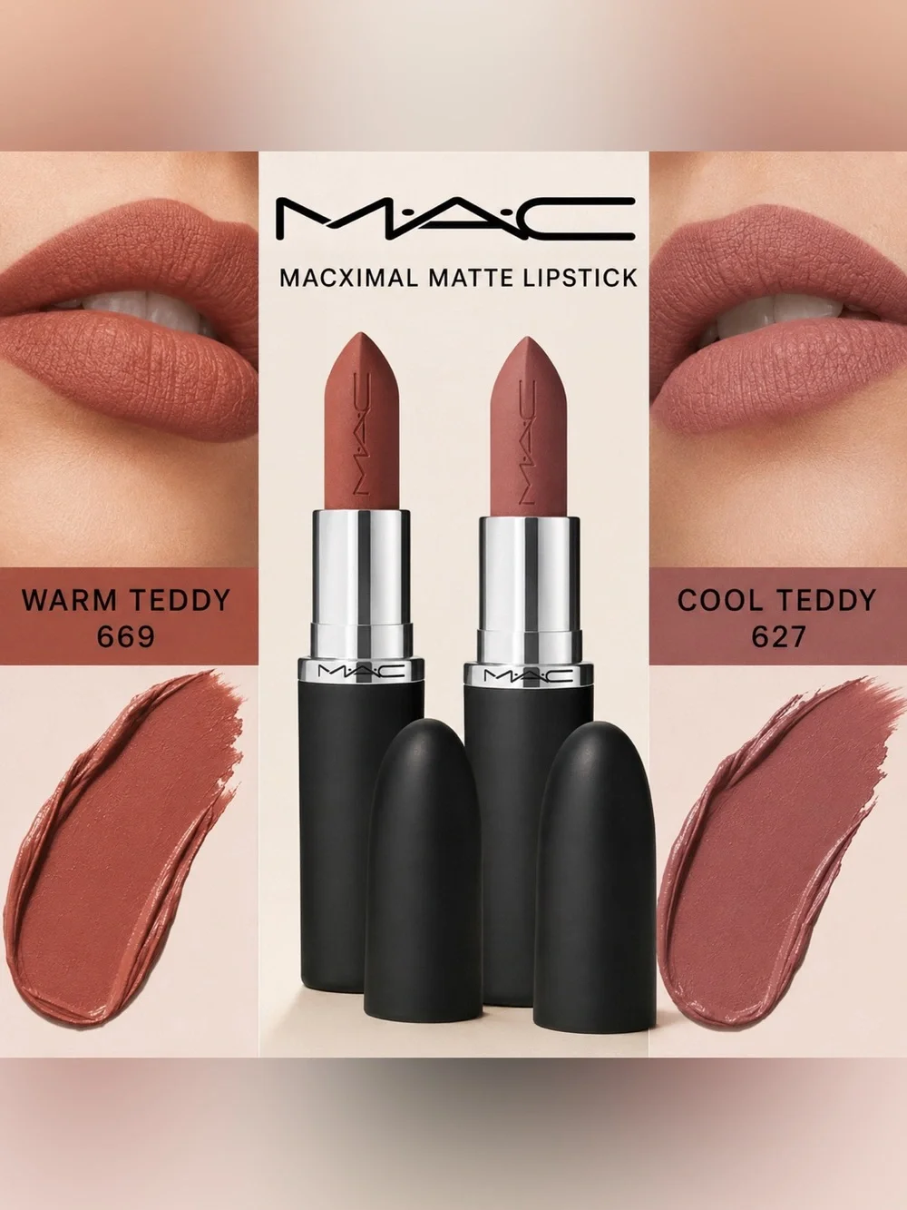 MAC MACximal Silky Matte Lipstick Duo Warm Teddy 669+ Cool Teddy 627 •New in Box